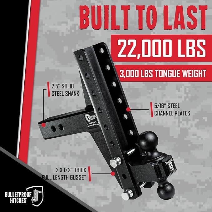 BulletProof Hitches - 2.5" Adjustable Heavy Duty Trailer Hitch (22,000 lb. Rating) - Offset 4" and 6" Drop/Rise Trailer Hitch with 2" & 2-5/16" Dual Ball Powder Coat, Solid Steel, Corrosion-Resistant