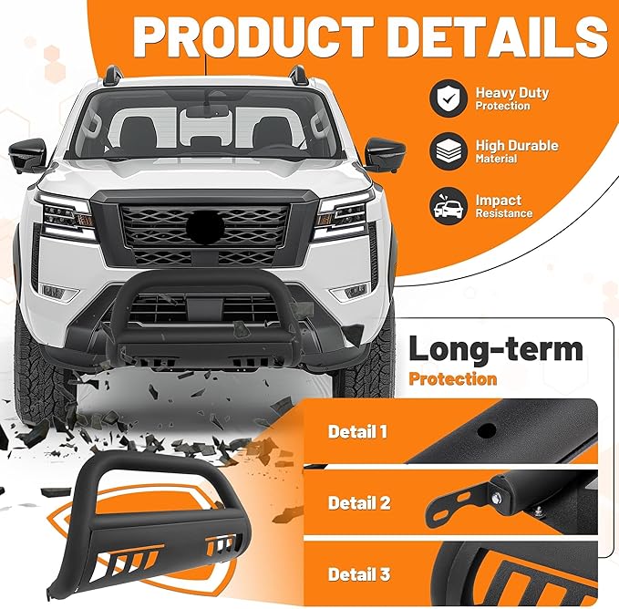 KUAFU Bull Bar Compatible with 2022 2023 2024 2025 Nissan Frontier Front Bumper Brush Guard Grille Grill Guard Push Bull Bar Steel Black