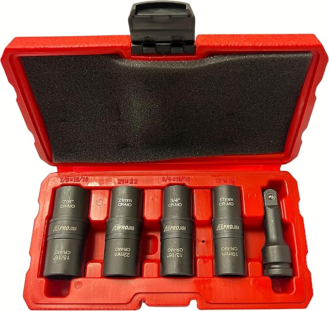 ATE Pro USA. - 5PC 1/2" DR. CR-MO" Thin Wall Flip Impact Socket Set, 8 Standard SAE and Metric Deep Sizes, Includes 3-Inch Extension Bar,