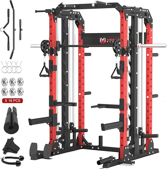 Smith Machine for Home Gym - 2000lbs Capacity All-in-One Power Rack with Cable Crossover, Pull-Up Bar & Dip Station, Includes 18 Attachments, P107 Anvil