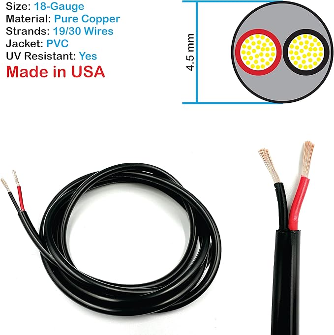NATIONAL Wire & Cable – 18 AWG 2-Conductor Premium Copper Wire, 50 ft, Stranded | Made in USA, Flexible Jacket | LED Strips, Electronics, Low Voltage, DIY Projects, Indoor and Outdoor Use