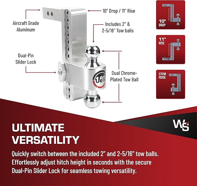 Weigh Safe Adjustable Trailer Hitch Ball Mount, 10" Adjustable Drop Hitch for 2" Receiver w/ 4 pc Keyed Alike Lock Set, Heavy Duty Aluminum Trailer Tow Hitch w/Chrome Plated Tow Balls, 12,500 lbs GTW