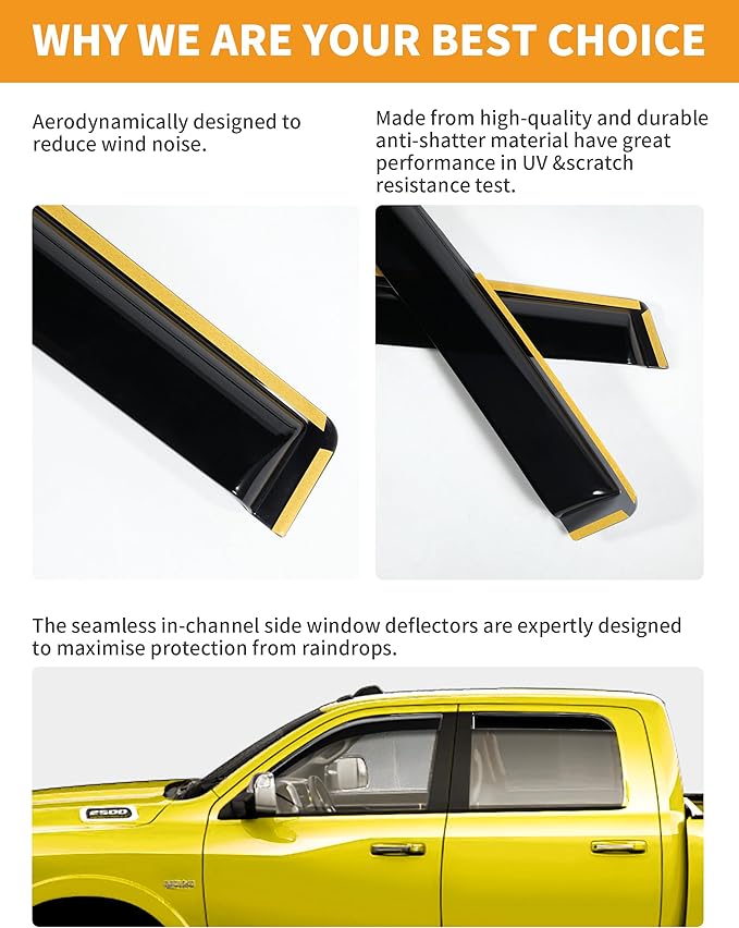 in-Channel Window Rain Guards Fit for Dodge RAM 2500 3500 2019-2026 Crew Cab Extra Durable Truck Window Deflectors Big Horn Vent Visors Vent Shades Window Visor Exterior Car Accessories