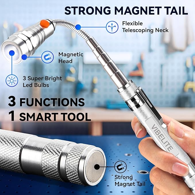 VIBELITE Extendable Magnetic Flashlight with Telescoping Magnet Pickup Tool-Cool Gadget Christmas Gifts Stocking Stuffers for Men, Teen Boys, Husband, Dad, Father, Mechanic, Him, Women, Silver