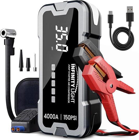 4000A Jump Starter 150 PSI Air Compressor Tire Inflator Cordless Air Pump, 12V Portable Car Battery Booster, LED Display, 12000mAh Power Bank, PD 18W Fast Charging, Flashlight – 10L Gas/8L Diesel