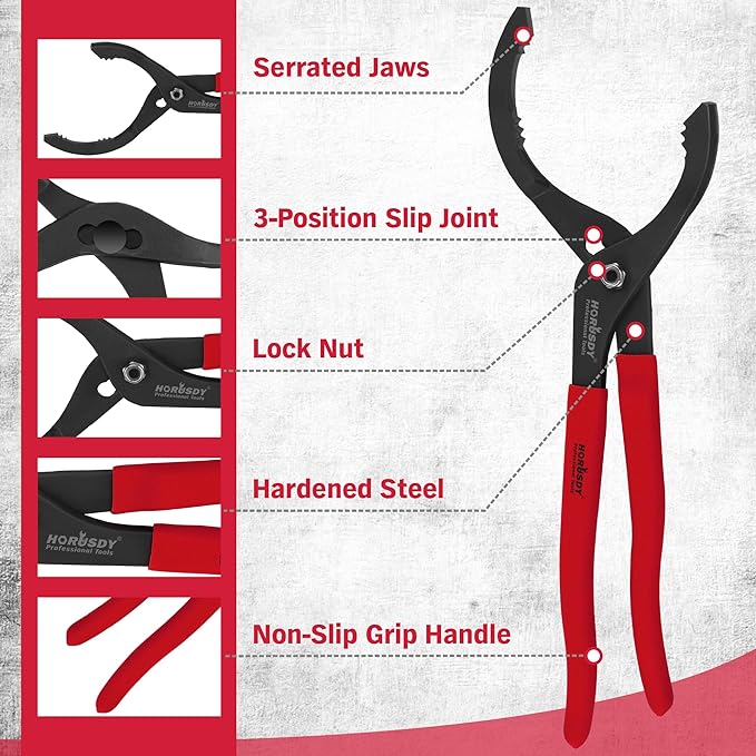 HORUSDY 12" Adjustable Oil Filter Pliers, Adjustable Oil Filter Wrench Removal Tool (Red)