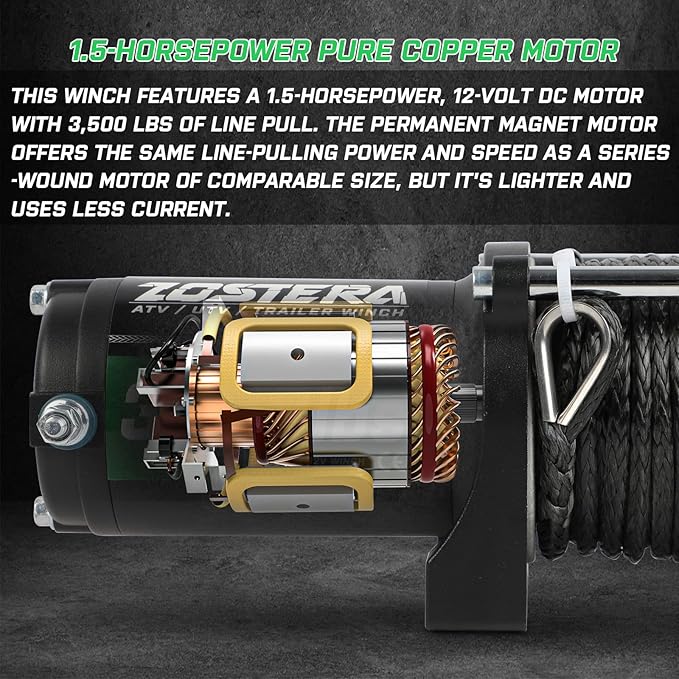 3500lbs ATV/UTV Winch with Synthetic Rope, Electric Boat Trailer Winch 12V, Waterproof Winch with 2 Wireless Remotes &Wired Switch,with Mounting Plate,Pulley,Rope Damper,Aluminium Fairlead