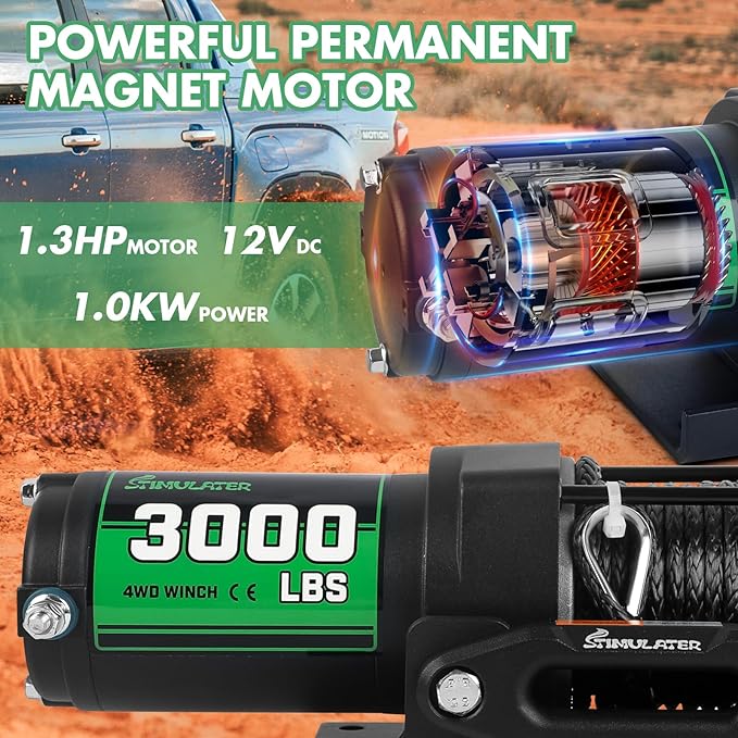 STIMULATER 3000lb ATV Winch with Synthetic Rope,Electric Winch 12V, with Wireless Remote Control and Manual Switch, with Hawse Fairlead,IP67 Waterproof,Suitable for Most Trailer, Boat and ATV Winch