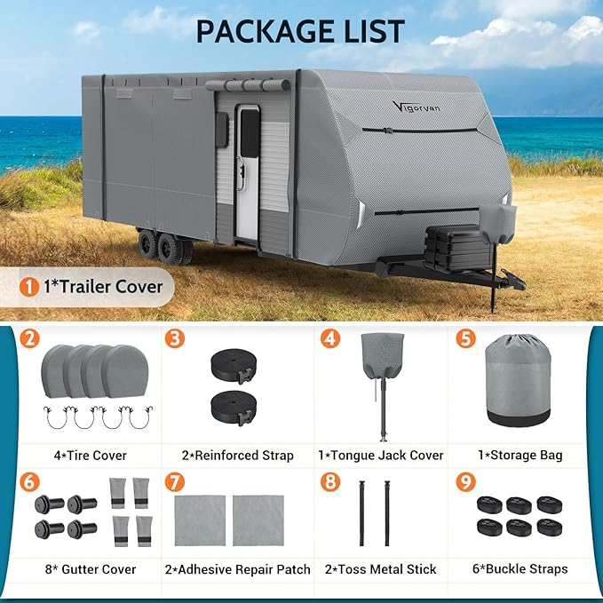 RV Cover Vigorvan Upgrad 7 Layers Top Camper Cover Windproof Travel Trailer Cover for 22-24FT RV, Toy Hauler Cover with Tongue Jack Cover, Extra Windproof Ropes, Gutter Covers