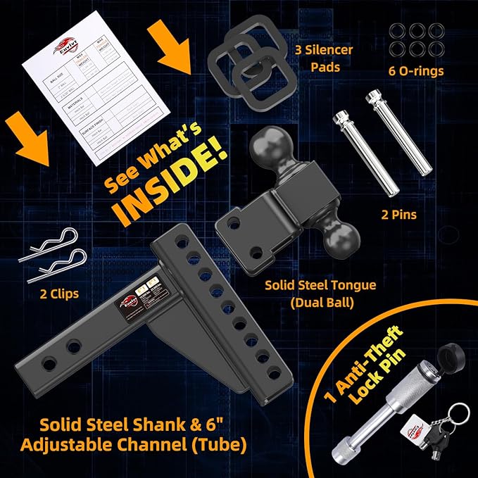 Adjustable Trailer Hitch -Drop Hitch (Fits 2-Inch Receiver) -6" Drop/Rise Tow Hitch, 2" & 2-5/16" Ball Hitches for Trucks -21,500 GTW Hitch Ball Mount with Anti-Theft Locking Hitch Pins