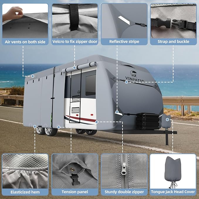 VINPATIO RV Cover, 7 Layers Heavy Duty RV & Trailer Cover, Toy Hauler Cover Fits 16'-18' RV Travel Trailer Camper Cover with Tongue Jack Cover, Extra Windproof Straps, Gutter Covers