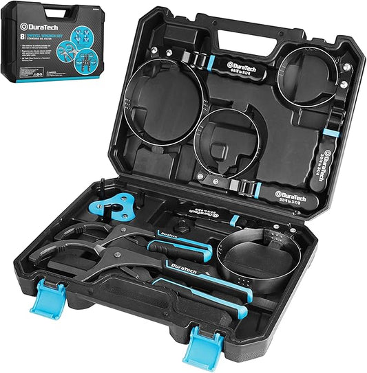 DURATECH 8-Piece Oil Filter Swivel Wrench Set, Wrenches Cover 2-3/4" to 5-1/4", 9" & 12" Adjustable Oil Filter Pliers, Universal 3-Jaw Removal Tool with 1/2" to 3/8" Adapter, Organized in Storage Case