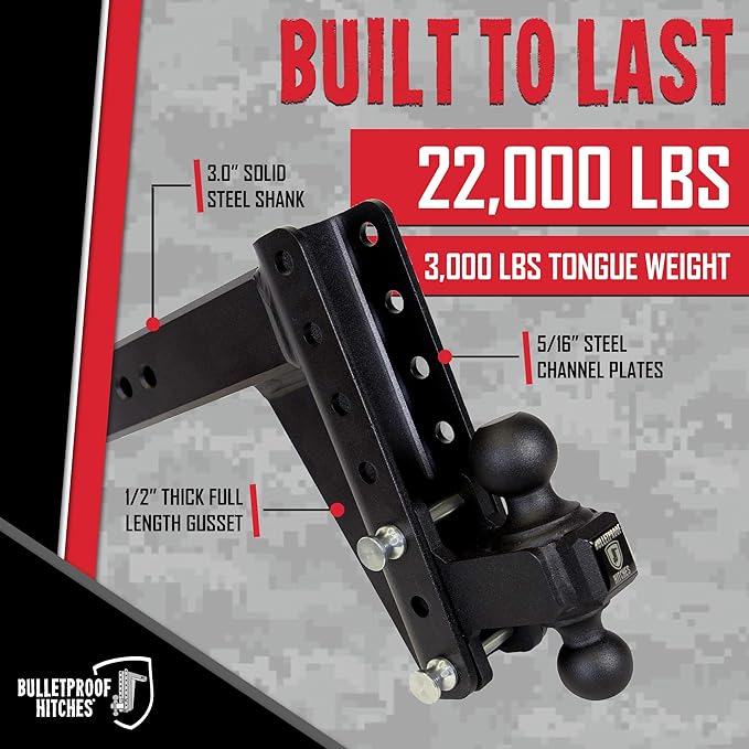 BulletProof Hitches - 3.0" Adjustable Heavy Duty Trailer Hitch (22,000 lb. Rating) - 8" Drop/Rise Trailer Hitch with 2" & 2-5/16" Dual Ball - Powder Coat, Solid Steel, Corrosion-Resistant