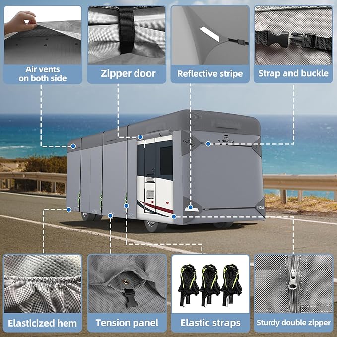VINPATIO Class A RV Cover Extra Thick 7 Layers Top: Fits 37'-40' RV, Heavy Duty Windproof Waterproof Class A Motorhome Cover with 2 Extra Long Straps, Gutter Covers