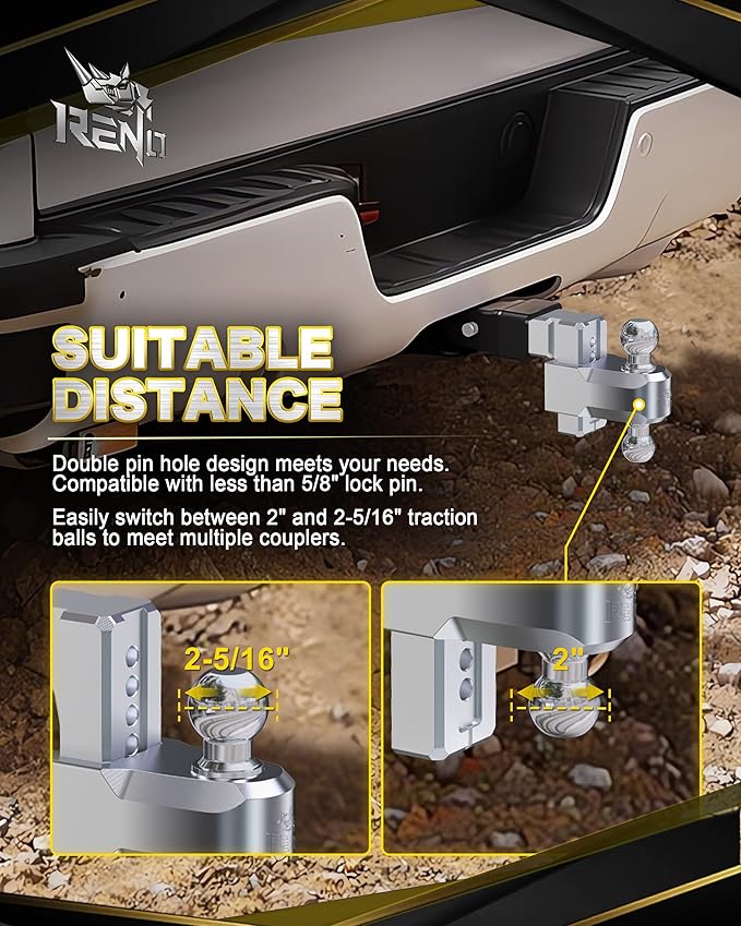 RENO Adjustable Trailer Hitch, Fits 2.5 inch Receiver Hitch 4" Rise/Drop Tow Hitch, Heavy Duty 2" & 2-5/16" Ball Hitches with 18,500 LBS GTW (1 Pack, Aluminum)