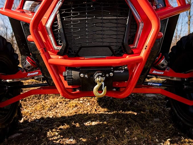 SuperATV Black Ops 4500 LB Winch with Winch Mounting Plate for 2018-2021 Polaris RZR XP Turbo S | 2019-2021 RZR XP 4 Turbo S | For Use with No Bumper | No Drilling Required