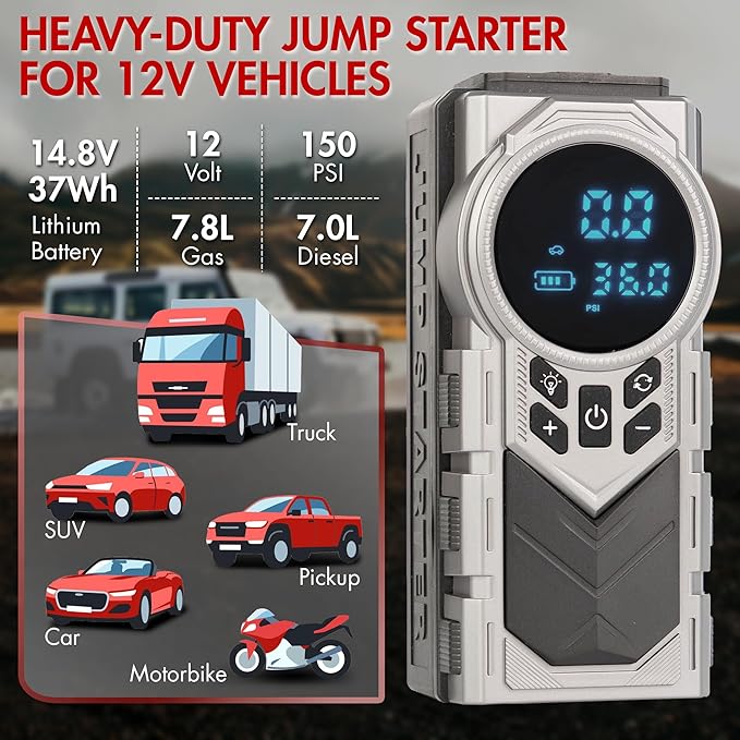 Wagan EL7603 iOnBoost V10 Air Jump Starter with Tire Inflator 1500A Peak 12V Portable Lithium Car Battery Booster with 150PSI Air Compressor LCD Pressure Display Built-in LED Light UL Certified