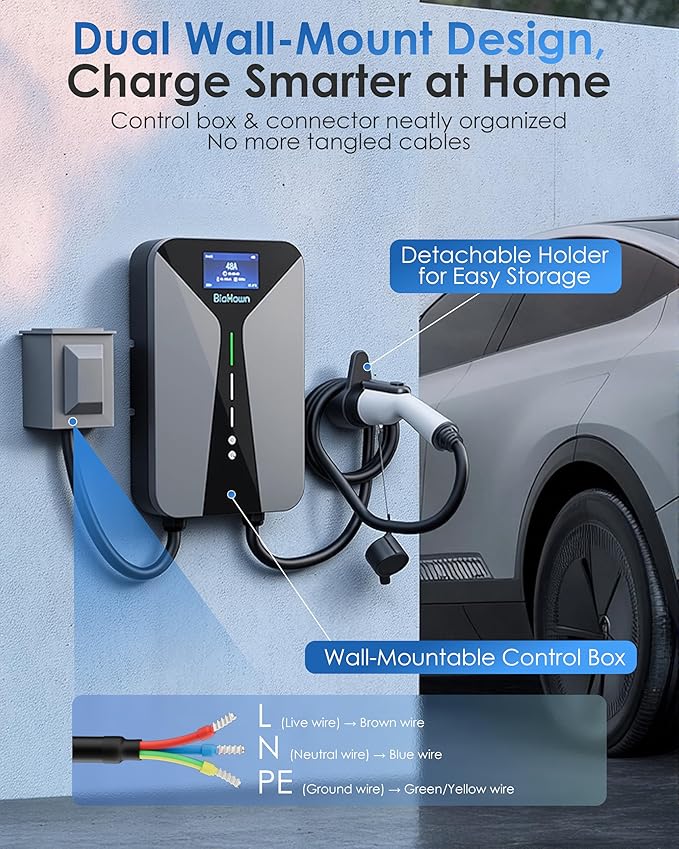 Level 2 EV Charger 48 Amp- 11.5kW 240V Hardwired Wall Charger for Home with 4.3" LCD, 26ft Cable, Scheduled Charging & Wall Holder, SAE J1772 Connector