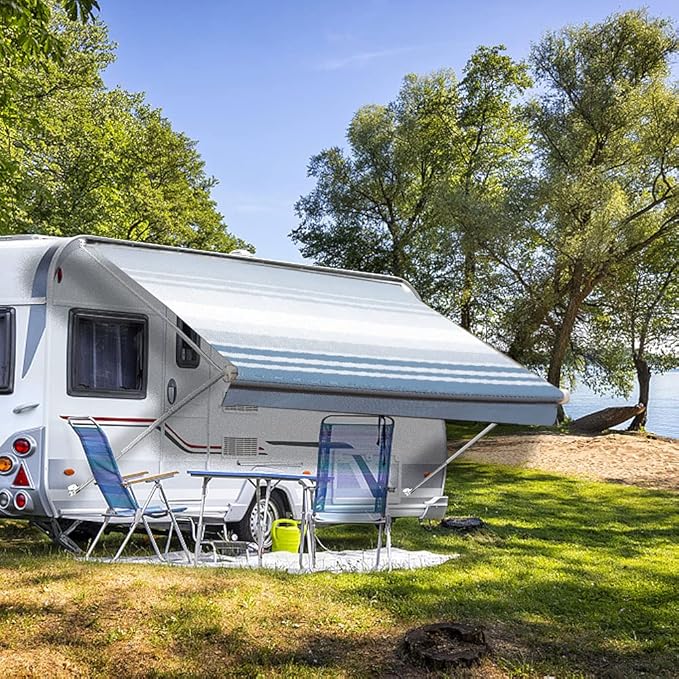 Suncode RV Awning Fabric Replacement Waterpoof Universal Outdoors Canopy for Camper,Trailer,and Motorhome Awning Replacement Premium Grade Vinyl RV Canopy Replacement 14'(Fabric 13'2") Blue Strip