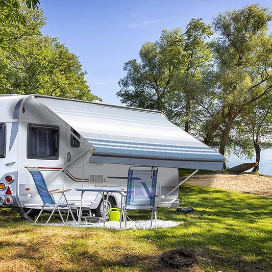 Suncode RV Awning Fabric Replacement Waterpoof Universal Outdoors Canopy for Camper,Trailer,and Motorhome Awning Replacement Premium Grade Vinyl RV Canopy Replacement 17'(Fabric 16'2") Blue Strip