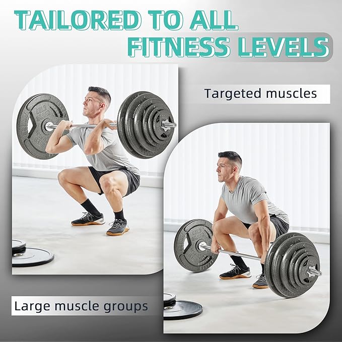 Cast Iron Standard Weight Plates Including 5FT Standard Barbell with Star Locks, 45-Pound Set (35 Pounds Plates + 10 Pounds Barbell), Multiple Styles