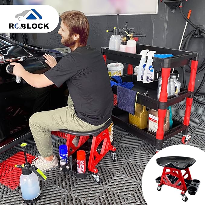 ROBLOCK Durable Mechanic Stool Chair With Wheels, Heavy Duty Garage Shop Rolling Seat, Car Detailing Creeper With Tool Tray for Workshop, Auto Repair Shop and Home