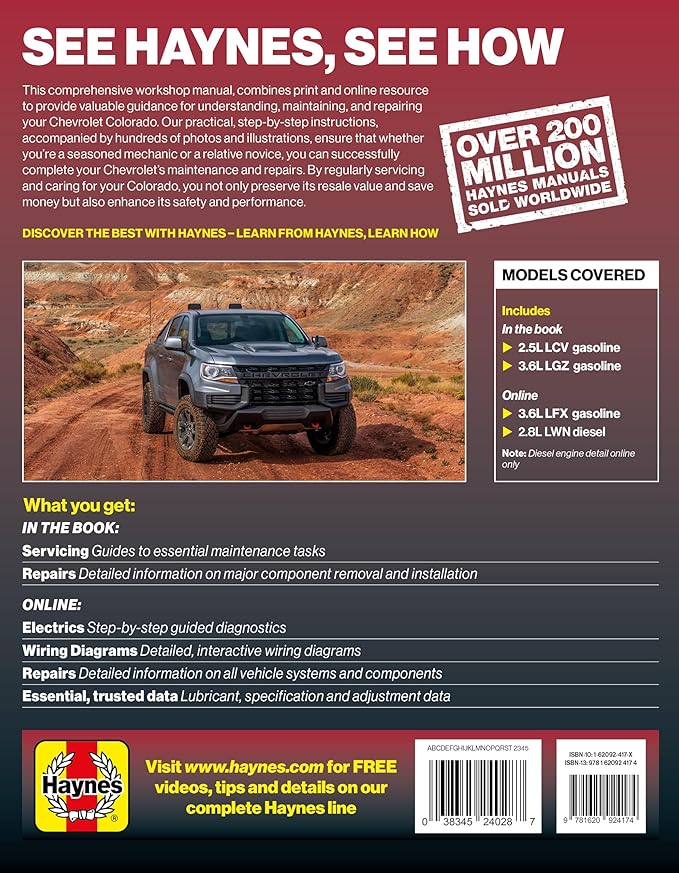 Haynes Compatible for The Chevrolet Colorado (2015–2022) Repair Manual: Covers 2.5L & 3.6L Gas Engines, 3.6L LFX & 2.8L LWN Diesel – Step-by-Step Maintenance, Repairs, Diagnostics & Wiring Diagrams
