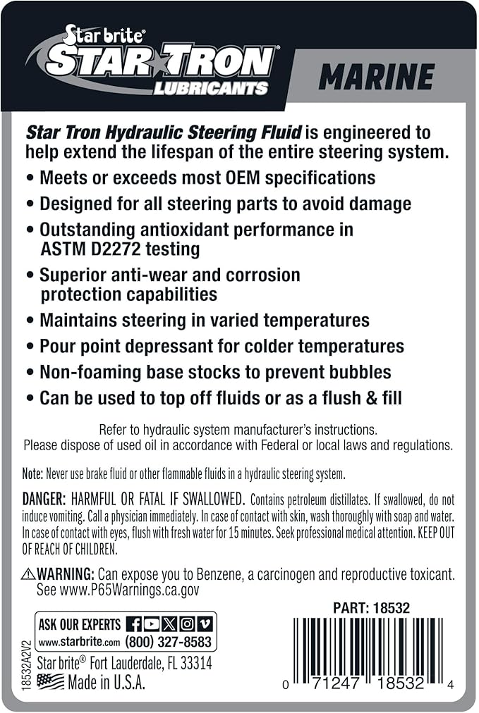 Star Tron Premium Synthetic Blend Hydraulic Steering Fluid, ISO 15, Marine-Grade
