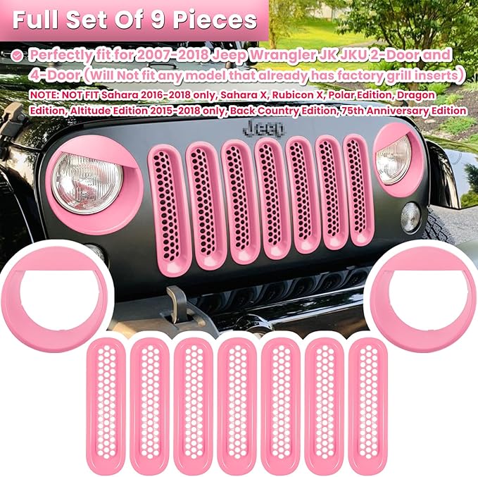 Front Grille Mesh Inserts & Headlight Cover for Jeep Wrangler JK JKU Sport Freedom Rubicon Sahara Unlimited 2007-2018 Exterior Accessories Clip-in Grille Guard Headlight Bezels Trim (Matte Pink)