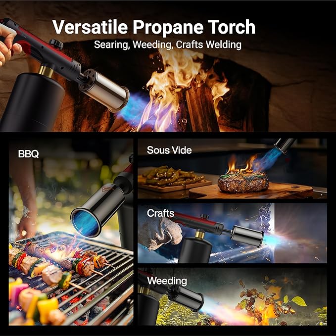ThermoMaven Propane Torch with One-Touch Max Fire, Cooking Blow Torch Gun with Safety Lock, Charcoal Lighter, Flame Thrower, Gas Welding Kit Kitchen Food Torch Head for Grill, Sous Vide, BBQ, Red