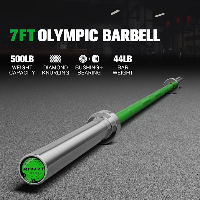 RITFIT 7FT Olympic Barbell for Strength and Weightlifting Training - 2 Inch Olympic Bar for Squat, Deadlift, Bench Press, Curl, Overhead Press - 500lbs/1000lbs/1500lbs Capacity