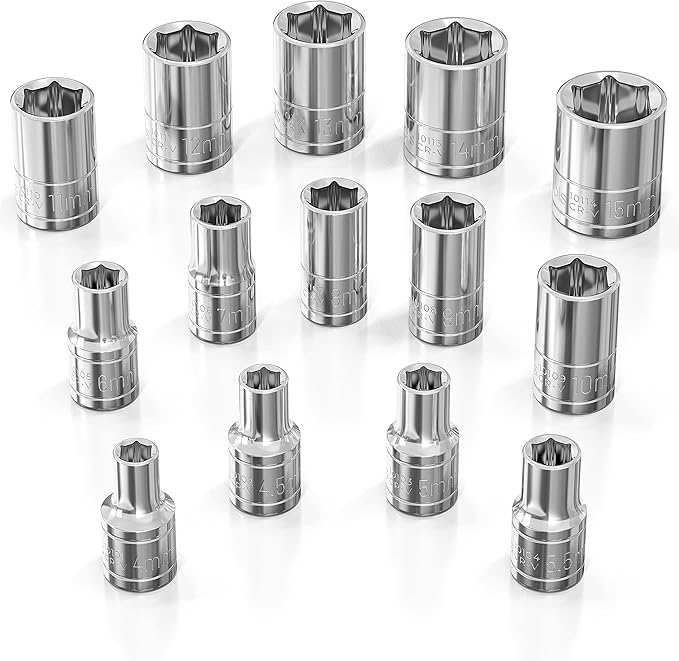 Olsa Tools Metric Shallow Socket Set - 1/4-Inch Drive, 14pc - 6-Point Chrome Sockets from 4mm–15mm and No Skipped Sizes - Mechanic Shallow Metric Socket Set - Professional Grade Sockets - Part: 1328