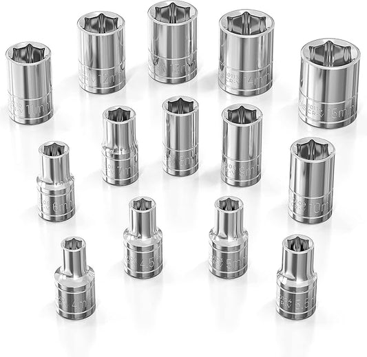 Olsa Tools Metric Shallow Socket Set - 1/4-Inch Drive, 14pc - 6-Point Chrome Sockets from 4mm–15mm and No Skipped Sizes - Mechanic Shallow Metric Socket Set - Professional Grade Sockets - Part: 1328