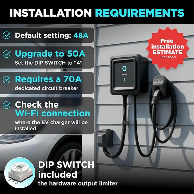 EVIQO Level 2 EV Charger NACS for Tesla – Hardwired, 240V, 25ft Cable EVSE –WiFi, App, UL Certified, 48 Amp EV Charger Level 2 for Home Indoor/Outdoor - Wall Electric Vehicle Charging Stations - Gen 2