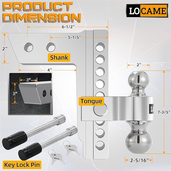 LOCAME Adjustable Trailer Hitch, Fits 2-Inch Receiver, 8-Inch Drop/Rise Aluminum Drop Hitch, 12,500 LBS GTW-Tow Hitch for Heavy Duty Truck with Double Stainless Steel Locks, Silver, LC0004