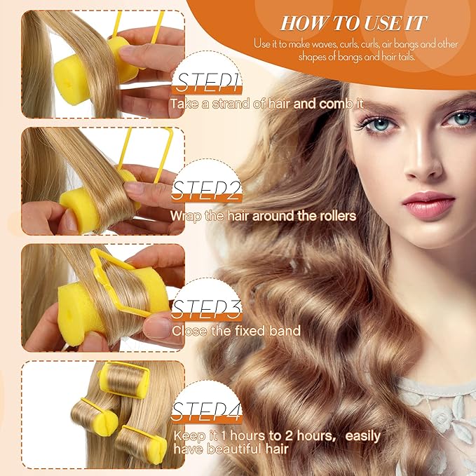 Geyoga 18 Pieces Sponge Hair Rollers Large Soft Foam Hair Styling Curlers Large Size Hairdressing Curlers for Women(Yellow,1.4 x 2.6 Inches)