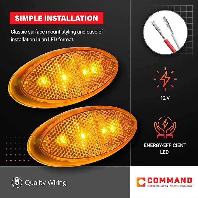 Command Electronics OEM 12V LED RV & Trailer Oval Clearance Light with Built-in Reflex – Made in USA – Surface Mount – Amber – 2-Pack