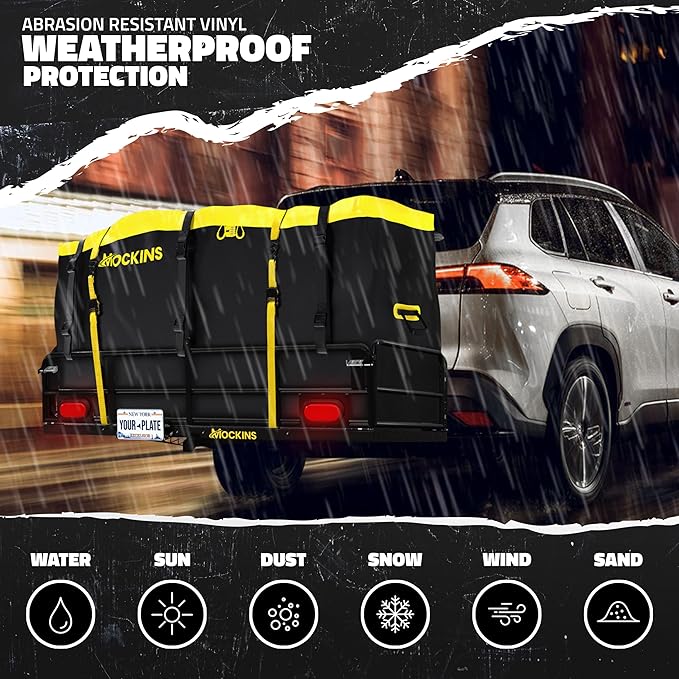 Mockins 60"x24"x14" High Rail Folding Car Trailer Hitch Cargo Carrier w/Rear Lights, Plate Bracket & 30 CuFt Waterproof Cargo Bag for Hitch Carrier | 500Lbs Capacity Luggage Rack for SUV Car Truck RV