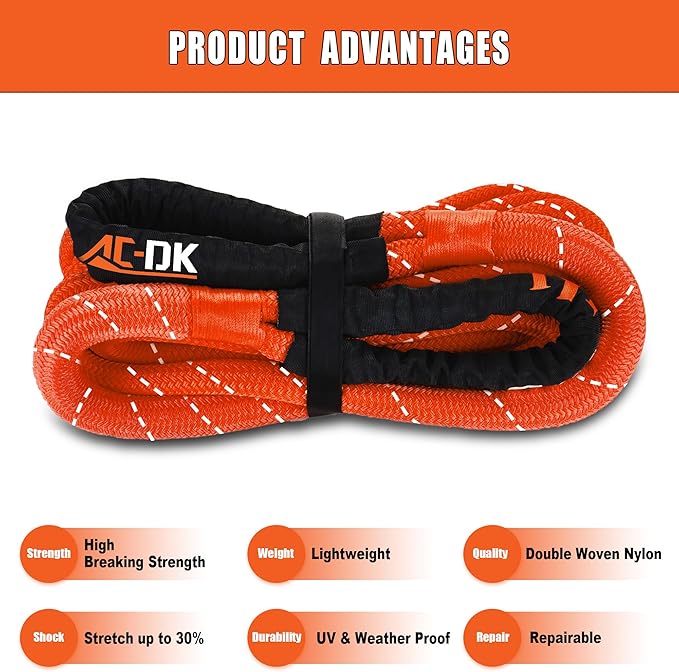 AC-DK Kinetic Recovery Rope (1in x 30ft ‎Yellow) 48000lbs Snatch Strap,Heavy Duty Stretch Nylon Towing Ropes with 2pcs Soft Shackles for Offroad Vehicle,Jeep,SUV,ATV,UTV,Tractor Elastic Ropes Kit