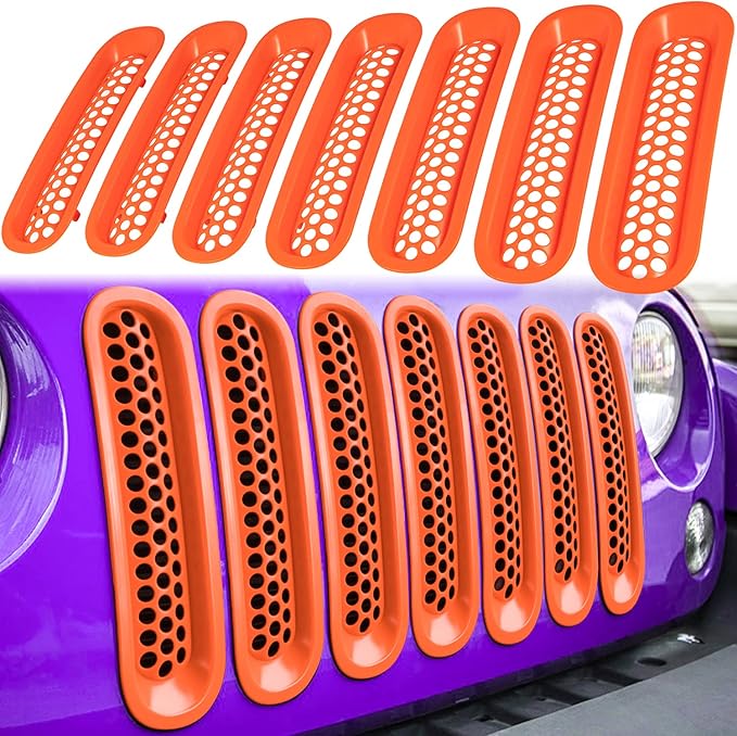 7PCS Front Grill Mesh Inserts for Jeep Wrangler JK JKU Unlimited 2007 2008 2009 2010 2011 2012 2013 2014 2015 2016 2017 2018 Grille Guard Cover Trim Clip-in Exterior Accessories (Matte Orange)