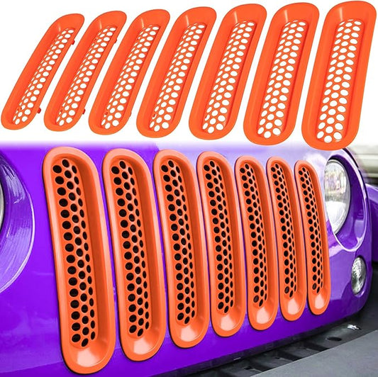 7PCS Front Grill Mesh Inserts for Jeep Wrangler JK JKU Unlimited 2007 2008 2009 2010 2011 2012 2013 2014 2015 2016 2017 2018 Grille Guard Cover Trim Clip-in Exterior Accessories (Matte Orange)