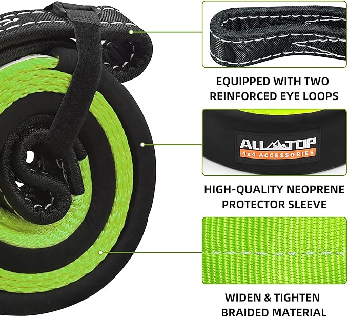 ALL-TOP Tree Saver Strap 3in x 8ft Certified 36000Lbs Break Strength, Emergency Recovery Tow Strap Winch Extension Rope with Oversize Carry Bag(Green)