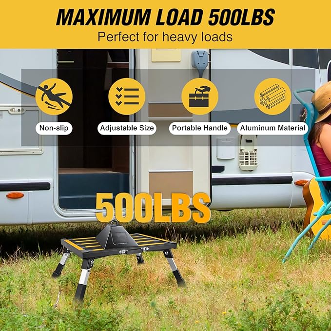 Nilight RV Step Stool Aluminum Folding Platform Steps 19x14.5 RV Steps 4 Levels Adjustable Heavy Duty Step Stool with Anti-Slip Surface Rubber Feet Portable Handle 500lbs for Camper Trailer, Black