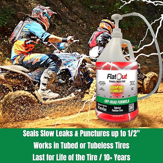 FlatOut QuickStrike Tire Sealant - Off-Road Formula - Prevents Flat Tires - Seals Leaks - Contains Kevlar - Tubeless Tire Sealant - 1 Gallon + Tool