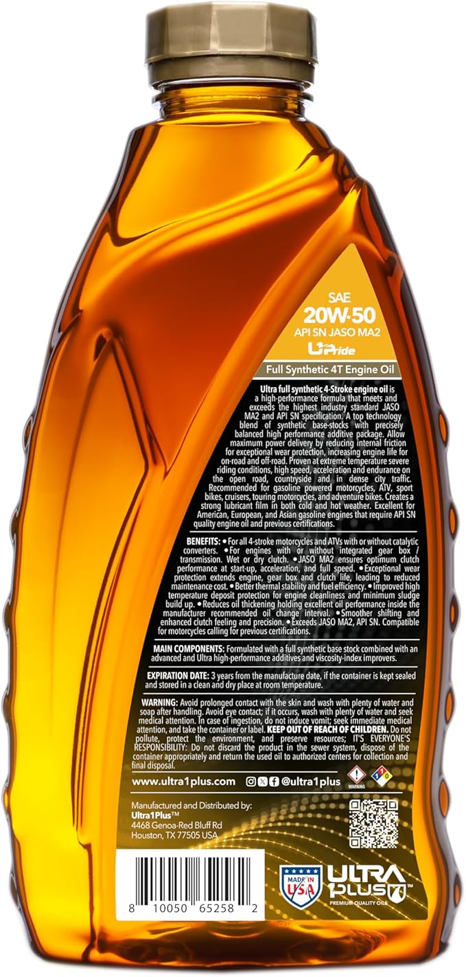 ULTRA 1PLUS 4T 20W-50 Full Synthetic Motorcycle Oil API SN JASO MA2-20W50 Motor Oil, 3 Quarts