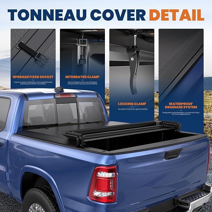Soft Quad Truck Tonneau Cover Bed Cover Compatible for 2009-2025 Dodge Ram 1500 Fleetside (Classic and New Body) 5.8 FT- 69.6 inch w/ 2X 60'' Led Light Strips 6500K White