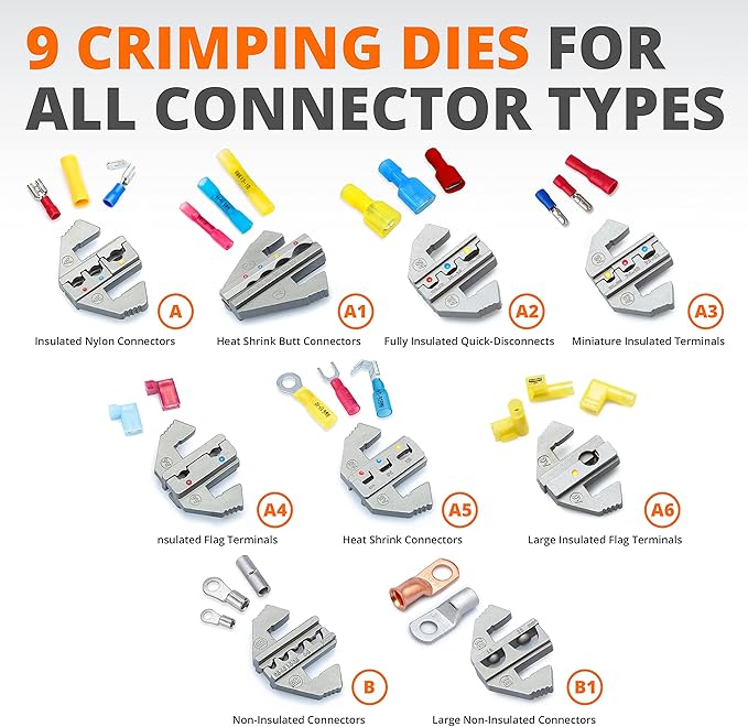 Wirefy Wire Crimping Tool Kit | Crimpers & 9 Slide in Dies | Ratcheting Wire Crimper Tool | Terminal Crimp Pliers | for Heat Shrink, Insulated, Non-Insulated, Butt, Large, Flag, Nylon, Connectors