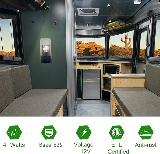 12V LED RV Wall Sconce with Switch(1X E26 Bulb Included), 12Volts RV Interior Light Fixture with Water Glass Shade, RV Bedside Reading Light for RV Boat Motorhome Caravan Trailer