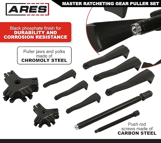 ARES 15095 – Master Ratcheting Gear Puller Set – Premium Chrome Moly Steel Gear Puller Yolk Set Includes 2-Ton and 5-Ton Units – Indexing Jaws Feature Convertible 2-Leg and 3-Leg Functionality