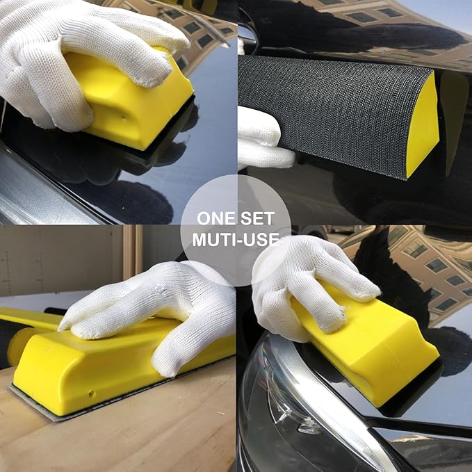 VOLSIVE 7pcs Hand Sanding Block Set, Rectangle Handheld Sanding Pad, Hook and Loop Interchangeable Assorted Shapes, for Sanding or Polishing in Auto Body and Paint Shops - Yellow